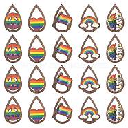 40Pcs 5 Styles Rainbow Printed Aspen Wood Big Pendants, Teardrop with Heart & Rainbow & Flag & Peace Sign & Sunflower Charm, Coconut Brown, 54.555x34~40x2.5mm, Hole: 1.8mm, 8pcs/style(WOOD-CJ0001-69)