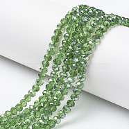 Electroplate Transparent Glass Beads Strands, Half Gray Plated, Faceted, Rondelle, Spring Green, 6x5mm, Hole: 1mm, about 85~88pcs/strand, 16.1~16.5 inch(41~42cm)(EGLA-A034-T6mm-E01)