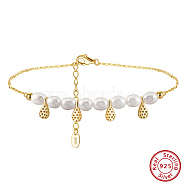 925 Sterling Silver with Natural Freshwater Pearls Anklet, Teardrop, Real 14K Gold Plated, 8-1/2 inch(21.5cm)(AJEW-Z029-03G)