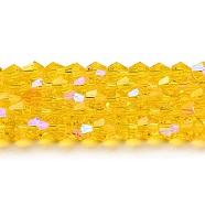 Transparent Electroplate Glass Beads Strands, AB Color Plated, Faceted, Bicone, Gold, 4x4mm, Hole: 0.8mm, about 82~85pcs/strand, 12.01~12.2 inch(30.5~31cm)(EGLA-A039-T4mm-L22)