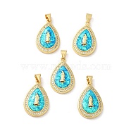 Rack Plating Brass Micro Pave Cubic Zirconia with Synthetic Opal Pendants, with Jump Ring, Lead Free & Cadmium Free, Long-Lasting Plated, Teardrop with Saint, Real 18K Gold Plated, 23.5x14.5x3.8mm, Hole: 5x3.6mm(KK-D088-31G)
