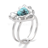 Ion Plating(IP) 304 Stainless Steel Ring, Adjustable Synthetic Turquoise Rings, Heart, 15x15.5mm, Inner Diameter: Adjustable(RJEW-B059-04P-03)