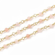 3.28 Feet Natural Sunstone Handmade Beaded Chains, with Brass Findings, Golden, Unwelded, Round, Faceted, 12x1~1.25mm, Bead: 2.5mm(X-CHC-K008-A08)