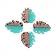 Resin & Walnut Wood Pendants, Tropical Leaf Charms, Monstera Leaf, Turquoise, 37.5x30x3~3.5mm, Hole: 2mm(RESI-S358-57B)