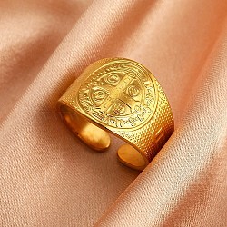 304 Stainless Steel Cuff Open Rings, Saint Benedict, Golden, 14.5mm(RJEW-F199-02A-G)
