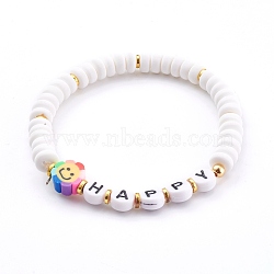 Polymer Clay Flower Beaded Stretch Bracelets for Valentine's Day, with Acrylic Beads and Non-magnetic Synthetic Hematite Beads, Word Love, White, Inner Diameter: 2-1/4 inch(5.8cm)(BJEW-JB05944)