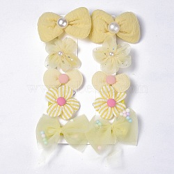 5 Pair 5 Style Bowknot & Flower Polyester Alligator Hair Clips, Iron Hair Accessories, Yellow, 66x45x19mm, 1 Pair/style(PHAR-C012-01E)