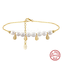 925 Sterling Silver with Natural Freshwater Pearls Anklet, Teardrop, Real 14K Gold Plated, 8-1/2 inch(21.5cm)(AJEW-Z029-03G)