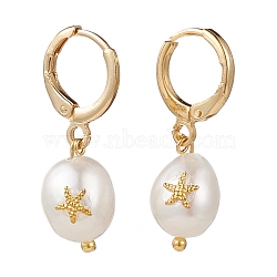 Brass Huggie Hoop Earrings, with Alloy Cabochons and Natural Baroque Pearl Keshi Pearl Beads, Oval with Starfish, Golden, 25~28mm, Pin: 1mm(EJEW-JE04433-01)