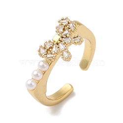 Rack Plating Brass Cubic Zirconia Bowknot Open Cuff Rings for Women, with ABS Imitation Pearl, Cadmium Free & Lead Free, Long-Lasting Plated, Real 18K Gold Plated, 18.8x8.2mm(RJEW-S407-05G)