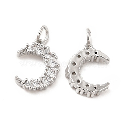 Brass Micro Pave Cubic Zirconia Charms, with Jump Ring, Moon Charm, Platinum, 13x10x2.8mm, Hole: 2.5mm(KK-E068-VB412)