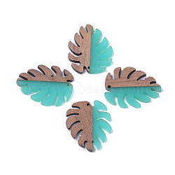 Resin & Walnut Wood Pendants, Tropical Leaf Charms, Monstera Leaf, Turquoise, 37.5x30x3~3.5mm, Hole: 2mm(RESI-S358-57B)