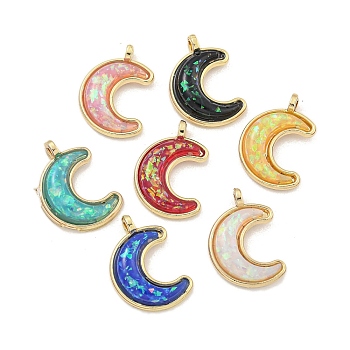 Translucent Resin Pendants, Rack Plating Brass Crescent Moon Charms with Gold Foil, Real 18K Gold Plated, Long-Lasting Plated, Cadmium Free & Lead Free, Mixed Color, 16.5x11.5x3mm, Hole: 1.5mm