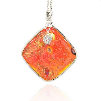 Handmade Lampwork Big Pendants, Gold Sand and Millefiori, with Platinum Plated Brass Findings, Rhombus Necklace Big Pendants, Orange Red, 64x52x10mm, Hole: 4x5mm