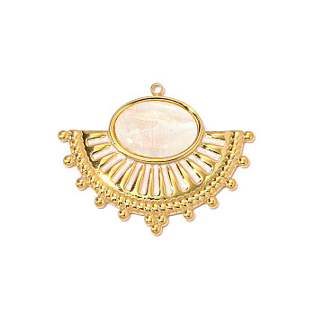 304 Stainless Steel Enamel Pendants, Hand Polished Fan Charm, with Shell, Real 18K Gold Plated, Ion Plating(IP), Long-Lasting Plated, Floral White, 42x34mm,Hole:1.80mm