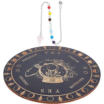 1Pc Flat Round Wooden Pendulum Board, Dowsing Divination Board with 1Pc Chakra Cone Natural Rose Quartz Dowsing Pendulum Pendants, for Witchcraft Wiccan Altar Supplies, Black, 305mm, Pendant: 24~25.5x15.5x14.5mm