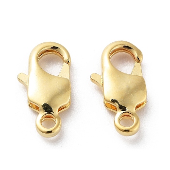 Brass Lobster Claw Clasps, Real 18K Gold Plated, 13x7x3mm, Hole: 1.6mm