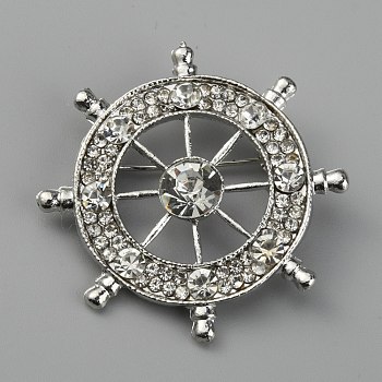 Helm Alloy Crystal Rhinestone Safety Pin Brooch, for Backpack Clothes, Platinum, 35.5x36mm, Pin: 0.7mm