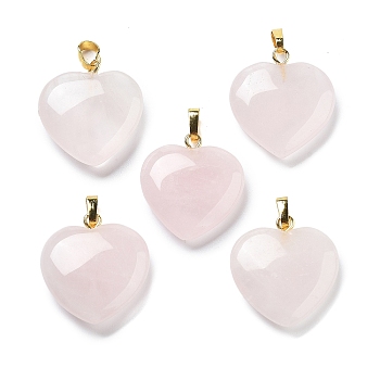 Natural Rose Quartz Pendants, with Brass Findings, Heart, 22~23x20x5mm, Hole: 6.5x3.5mm