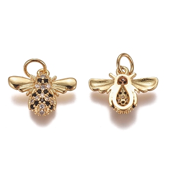 Brass Micro Pave Cubic Zirconia Charms, with Jump Rings, Bees, Black & Clear, Golden, 11.5x15x3mm, Hole: 3mm