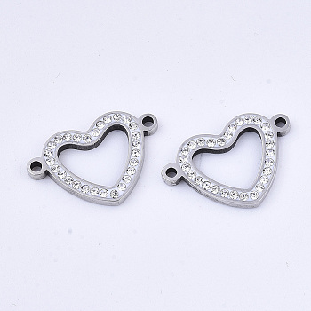 304 Stainless Steel Links connectors, with Rhinestone, Heart, Stainless Steel Color, Crystal, 14x21x2mm, Hole: 1.5mm