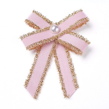 Polyester Brooch, with Glass Pearl and Iron Findings, Bowknot, Pink, 95~100x67~72mm