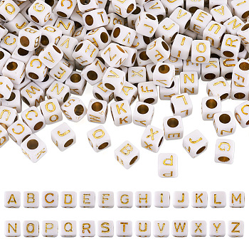 1300Pcs 26 Style Plating Acrylic Beads, Metal Enlaced, Cube with Alphabet, Letter A~Z, 5.5~6x5.5~6x5.5~6mm, Hole: 3.5mm, 50pcs/style