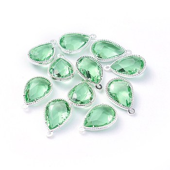 Glass Pendants, with Eco-Friendly Alloy Open Back Berzel Findings, Faceted, teardrop, Silver Color Plated, Light Green, 18x12x5mm, Hole: 1.4mm
