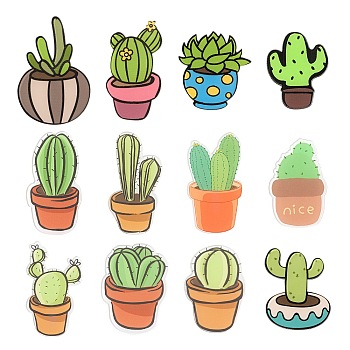 12Pcs 12 Style Acrylic Badges Brooch Pins, Cute Lapel Pin, Cactus & Plant, Mixed Color, 38~53.5x27~36x8.5mm, pin: 0.8mm, 1pc/style