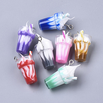 Resin Pendants, Imitation Ice Cream Bubble Tea Charms, with Platinum Tone Iron Loop and Polymer Clay, Mixed Color, 24~26x13mm, Hole: 1.8mm