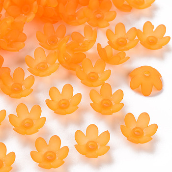 Frosted Acrylic Bead Caps, 6-Petal, Flower, Orange, 14x6mm, Hole: 2mm, about 1660pcs/500g