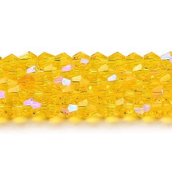 Transparent Electroplate Glass Beads Strands, AB Color Plated, Faceted, Bicone, Gold, 4x4mm, Hole: 0.8mm, about 82~85pcs/strand, 12.01~12.2 inch(30.5~31cm)