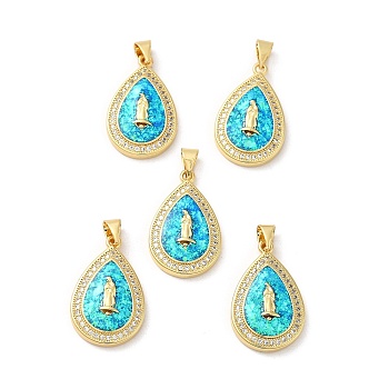Rack Plating Brass Micro Pave Cubic Zirconia with Synthetic Opal Pendants, with Jump Ring, Lead Free & Cadmium Free, Long-Lasting Plated, Teardrop with Saint, Real 18K Gold Plated, 23.5x14.5x3.8mm, Hole: 5x3.6mm