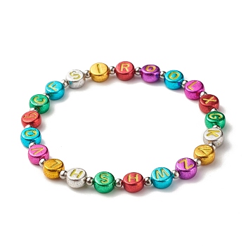 Flat Round with Letter Beaded Stretch Bracelet for Women, Stainless Steel Color, Colorful, Inner Diameter: 2-1/4 inch(5.7cm)