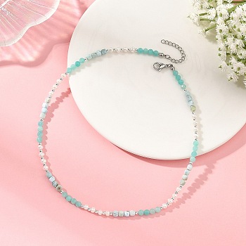 Faceted Round Natural Larimar and Pearl Beaded Necklaces, Stainless Steel Color, 15.75 inch(40cm)