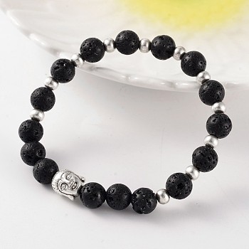Trendy Natural Lava Rock Beaded Stretch Bracelets, with Tibetan Style Antique Silver Alloy Beads, 57mm