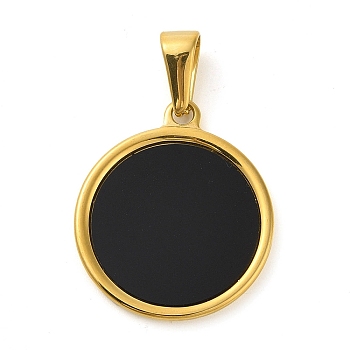 Resin Flat Round Pendants, Golden Tone 304 Stainless Steel Charms, Black, 29x25x2mm, Hole: 9.8x4.8mm