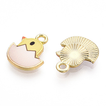 Printed Light Gold Tone Alloy Pendants, Chick in Egg Charms, Yellow, 15.5x12.5x2mm, Hole: 1.6mm