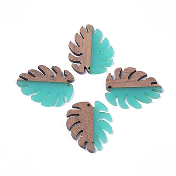Resin & Walnut Wood Pendants, Tropical Leaf Charms, Monstera Leaf, Turquoise, 37.5x30x3~3.5mm, Hole: 2mm