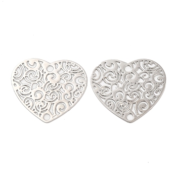 Long-Lasting Plated Brass Connector Charms, Hollow Heart Links, Platinum, 18x20x0.3mm, Hole: 1.6mm