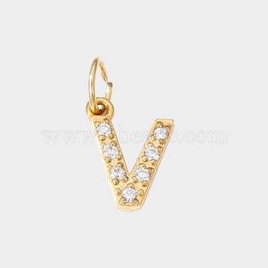 Real 14K Gold Plated Clear Letter V Stainless Steel+Cubic Zirconia Charms