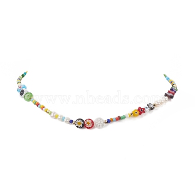 Natural Pearl & Millefiori & Seed Glass Beaded Necklace for Women(NJEW-JN04160)-4