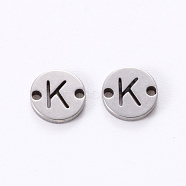 201 Stainless Steel Links, Laser Cut, Flat Round with Letter, Letter.K, 6x6x1mm, Hole: 0.8mm(STAS-R112-01K)