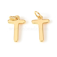 Brass Charms, with Jump Rings, Letter, Real 18K Gold Plated, Letter.T, T: 10x6.5x1mm, Hole: 2.5mm(KK-I672-01T-G)