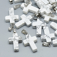 Natural Howlite Pendants, with Stainless Steel Snap On Bails, Cross, 29~30x18~19x5~6mm, Hole: 6x4mm(G-T080-16)