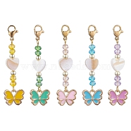 Butterfly Alloy Enamel Pendant Decorations, with Heart Freshwater Shell Beads and 304 Stainless Steel Lobster Claw Clasps, Mixed Color, 50mm(HJEW-JM01775)