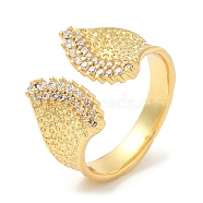 Rack Plating Brass Leaf Open Cuff Rings with Cubic Zirconia, Lead Free & Cadmium Free, Real 18K Gold Plated, US Size 6(16.5mm)(RJEW-D008-08G)