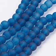 Transparent Glass Bead Strands, Frosted, Round, Marine Blue, 6mm, Hole: 1.3~1.6mm, about 140pcs/strand, 31.4 inch(GLAA-S031-6mm-31)