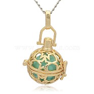 Golden Tone Brass Hollow Round Cage Pendants, with No Hole Spray Painted Brass Round Beads, Medium Turquoise, 35x25x21mm, Hole: 3x8mm(KK-J226-09G)