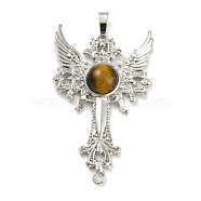 Natural Tiger Eye Big Pendants, Cross with Wing Charms, with Platinum Plated Brass Findings, 52.5x32x7~7.5mm, Hole: 4x8mm & 2mm(G-G009-01P-13)